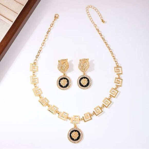 Designer Inspired Gold and Black Necklace and Earrings Set - Picture 1 of 6